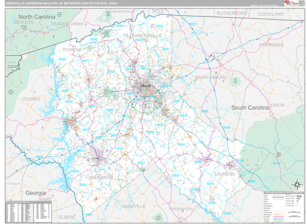 Greenville-Anderson-Mauldin Metro Area Wall Map Premium Style